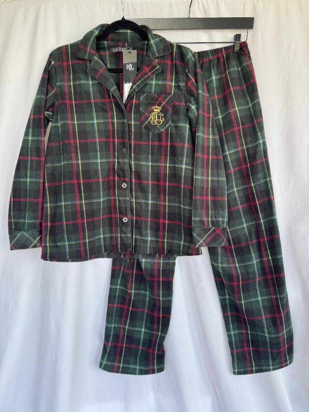 NWT Lauren Ralph Lauren Green Plaid Fleece Pajama Set Women’s XS